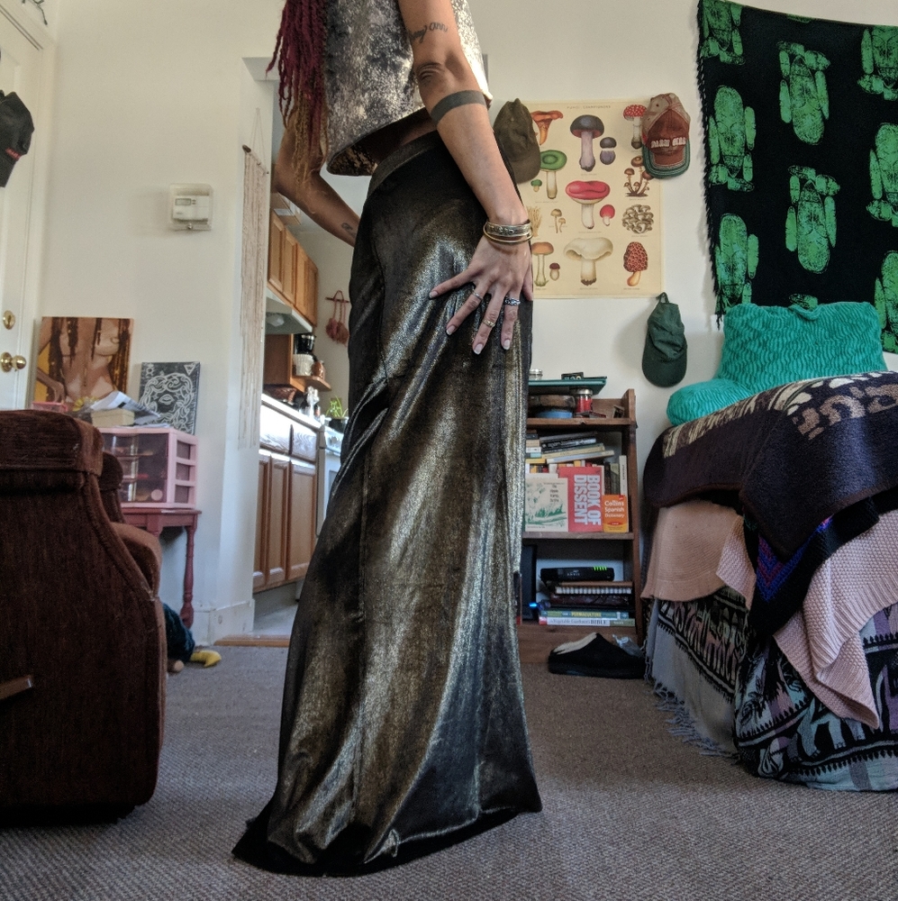 green metallic skirt